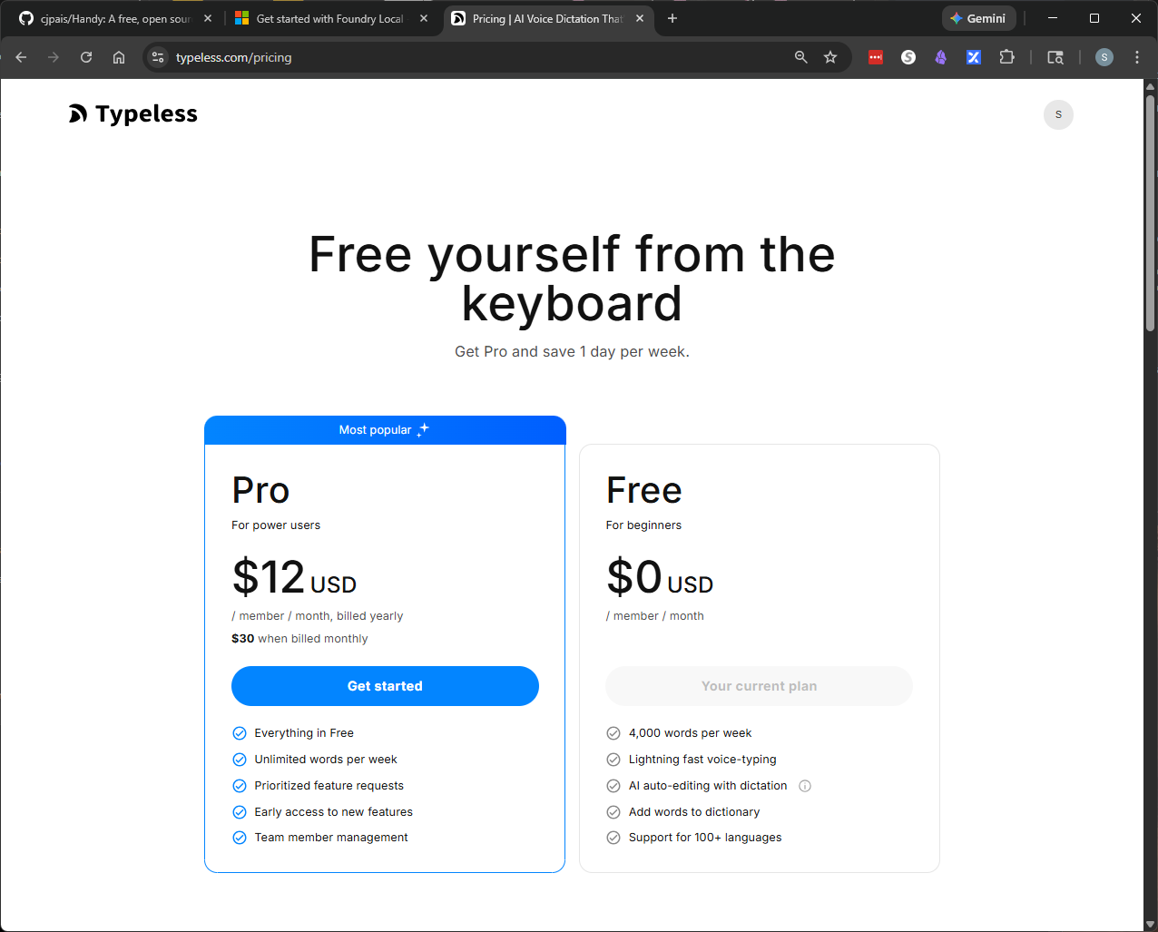 Typeless pricing page